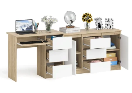 Комплект стол компьютерный МС-6 правый + Комод 1200.3 дуб сонома/белый