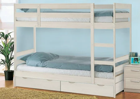 Двухъярусная кровать массив Пирус с ящиками выбеленная береза