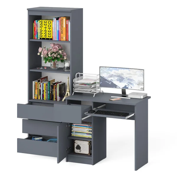 Комплект мебели для учебы Мори, стол компьютерный МС-1 левый + Стеллаж МСТ 600.3 графит