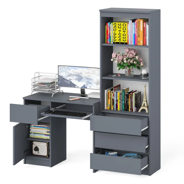 Комплект мебели для учебы Мори, стол компьютерный МС-1 левый + Стеллаж МСТ 600.3 графит