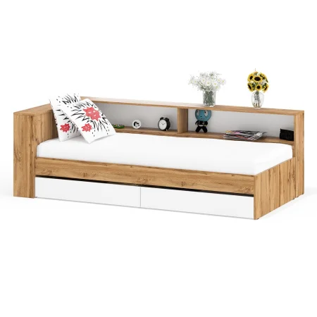 Кровать с ящиками 900 с прикроватным блоком Ксения дуб вотан/белый