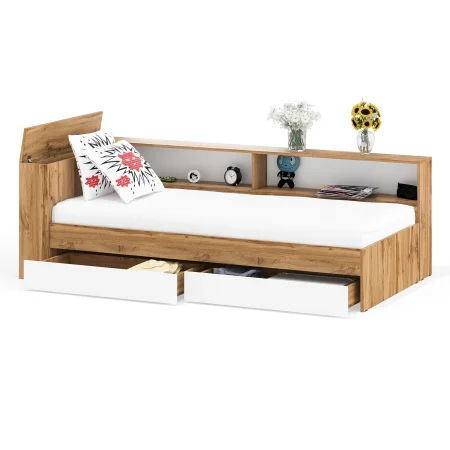 Кровать с ящиками 900 с прикроватным блоком Ксения дуб вотан/белый