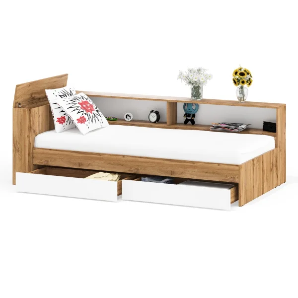 Кровать с ящиками 900 с прикроватным блоком Ксения дуб вотан/белый Кровать с ящиками 900 с прикроватным блоком Ксения дуб вотан/белый