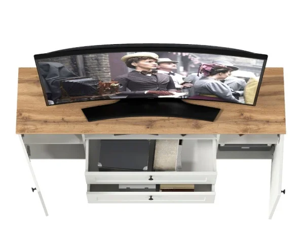 Тумба под ТВ Остин 16.47 белый шагрень/дуб крафт золотой