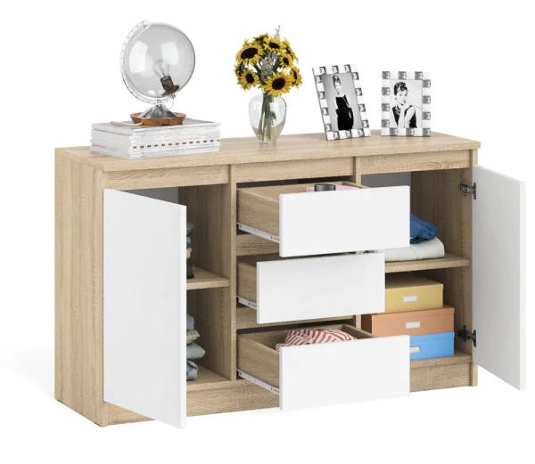 Комод-тумба три ящика и две дверки МК 1200.3 дуб сонома/белый Комод-тумба три ящика и две дверки МК 1200.3 дуб сонома/белый