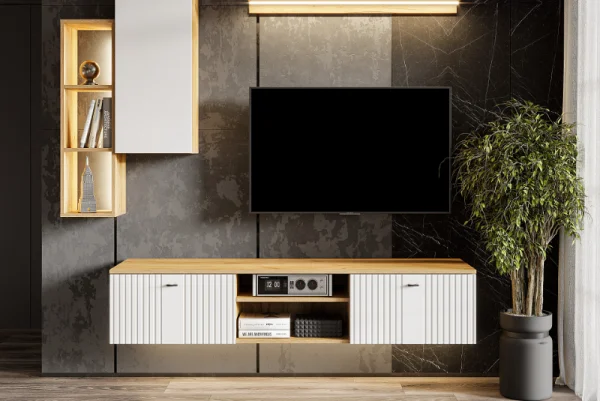 Тумба телевидеоаппаратура со створками и нишей Милан дуб золотой/белый матовый