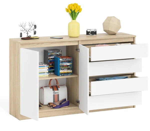 Комод широкий четыре ящика и две дверки МК 1600.1 дуб сонома/белый Комод широкий четыре ящика и две дверки МК 1600.1 дуб сонома/белый