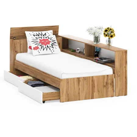Кровать с ящиками 900 с прикроватным блоком Ксения дуб вотан/белый