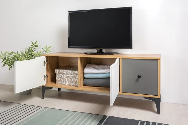 Тумба под ТВ Вайс 13.270.01 дуб золотой/тёмно-серый/МДФ милк софт