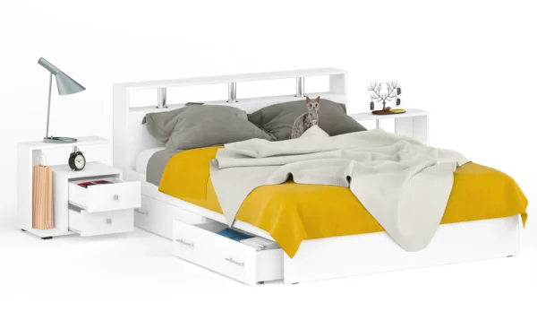 Спальня Камелия, кровать с ящиками 1600 + две тумбы, белый Спальня Камелия, кровать с ящиками 1600 + две тумбы, белый