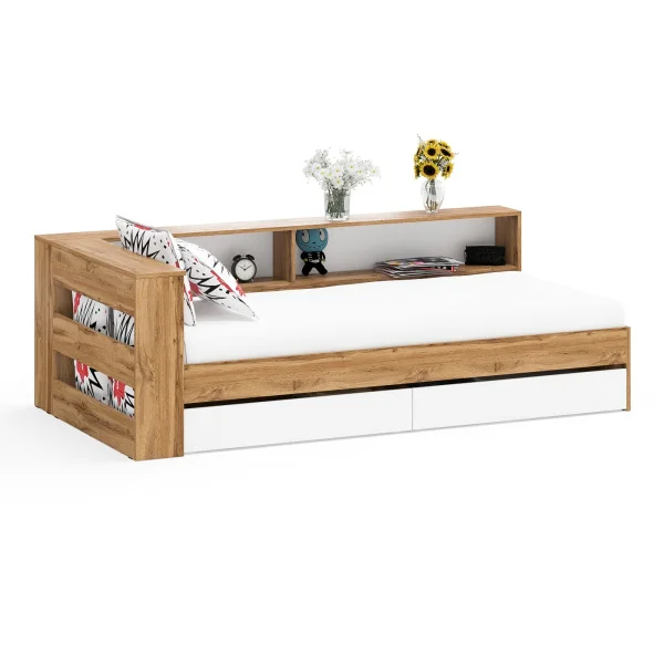 Кровать с ящиками 900 с прикроватным блоком Ксения дуб вотан/белый Кровать с ящиками 900 с прикроватным блоком Ксения дуб вотан/белый