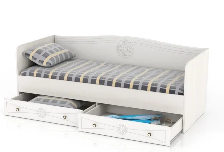 Кровать Онега с ящиками дуб беленый/белый вельвет