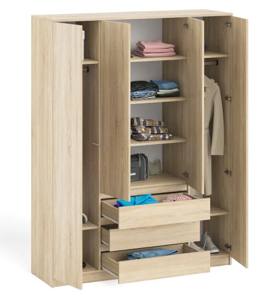 Шкаф с тремя ящиками и четырьмя дверками МШ 1600.1 дуб сонома