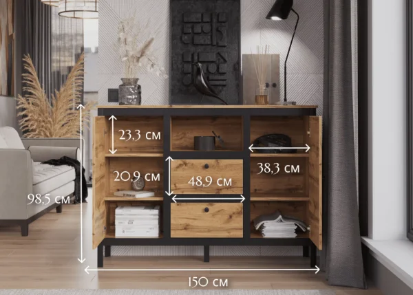 Тумба Лофт KOM2D2S/150 дуб вотан/черный Тумба Лофт KOM2D2S/150 дуб вотан/черный