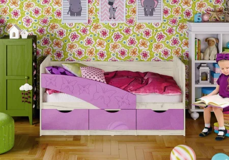 Кровать Бабочки 1.8 дуб крафт белый/сиреневый металлик