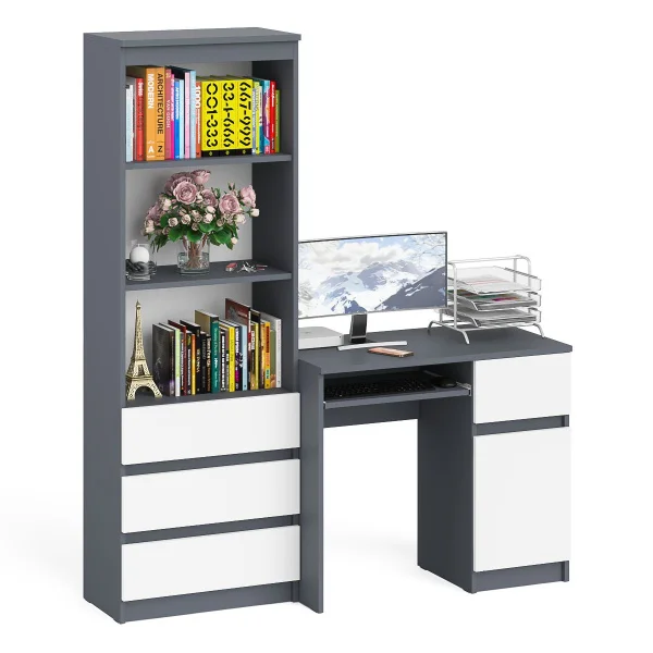 Комплект стол компьютерный МС-1 правый + Стеллаж МСТ 600.3 графит/белый