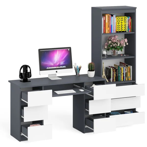 Комплект стол компьютерный МС-2 + Стеллаж МСТ 600.3 графит/белый