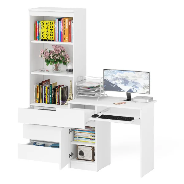 Комплект мебели для учебы Мори, стол компьютерный МС-1 левый + Стеллаж МСТ 600.3 белый